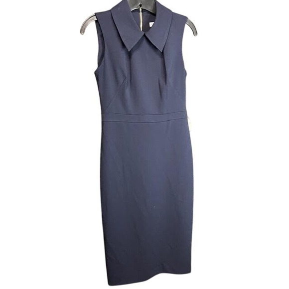 Womens Calvin Klein Navy Blue Sleeveless Sheath Dress Career Workwear Collared - Picture 1 of 4